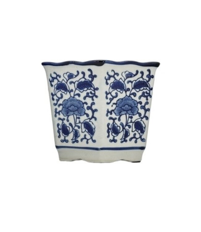Blue & White Hexagon Floral Ceramic Ruffled Lip - Sold Individually