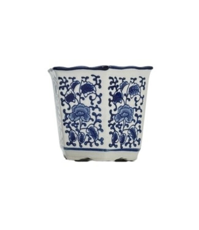 Blue & White Hexagon Floral Ceramic Ruffled Lip - Sold Individually