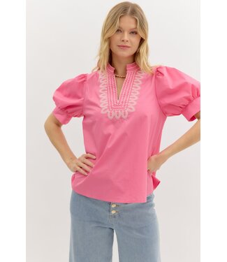 Audrey Solid Cuff Band Short Puff Sleeve Pullover Top