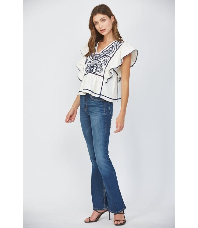 Danica Lace Insert Embroidered Flutter Sleeve Blouse