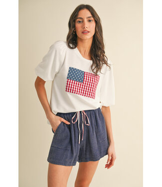 Gabriella American Flag Patch Balloon Sleeve Knit Top