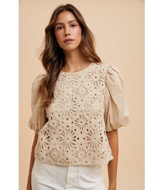Phia Mix Media Sequin Crochet Bodice Woven Blouse