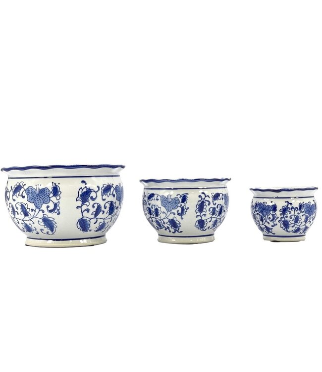 Blue & White Round Floral Ceramic Pots Ruffled Lip - Sold Individually