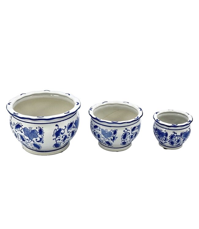 Blue & White Round Floral Ceramic Pots Ruffled Lip - Sold Individually