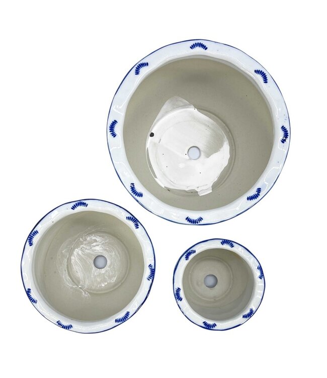 Blue & White Round Floral Ceramic Pots Ruffled Lip - Sold Individually