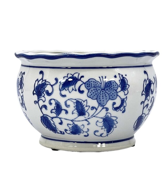 Blue & White Round Floral Ceramic Pots Ruffled Lip - Sold Individually