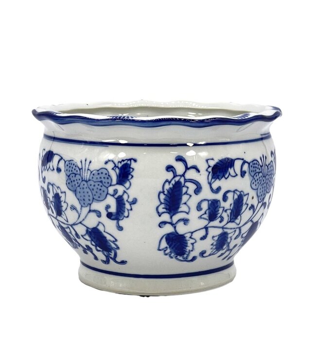 Blue & White Round Floral Ceramic Pots Ruffled Lip - Sold Individually