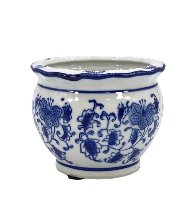 Blue & White Round Floral Ceramic Pots Ruffled Lip - Sold Individually