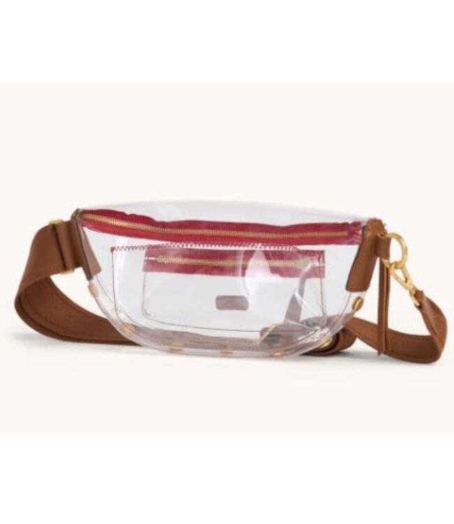 HAMMITT Charles Crossbody Med Clear Mahogany Pebble Brushed Gold Red Zip
