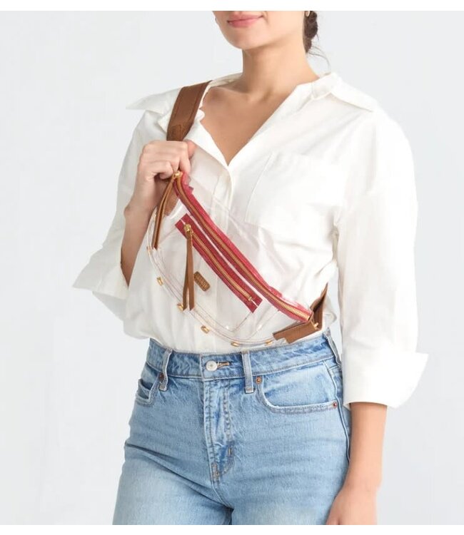 HAMMITT Charles Crossbody Med Clear Mahogany Pebble Brushed Gold Red Zip