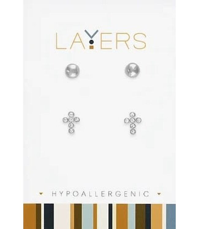 Silver Hammered Ball & CZ Cross Duo Pair Stud Layers Earrings
