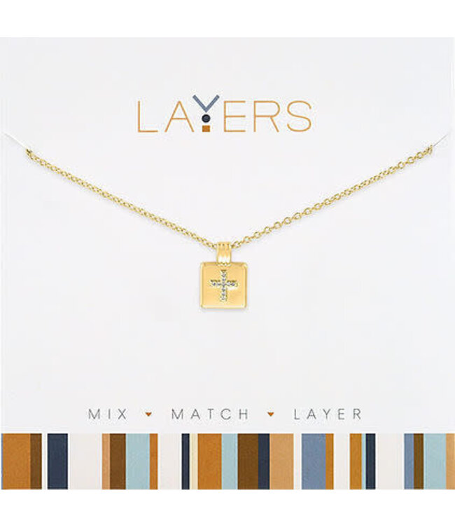 Gold CZ Cross Tag Layers Necklace