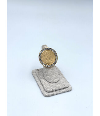 Gold 1.5" Queen Elizabeth Fashion Coin Ring with Rhinestones