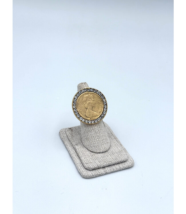 Gold 1.5" Queen Elizabeth Fashion Coin Ring with Rhinestones