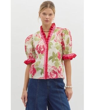 Olivia Floral Print Elasticated Short Puff Sleeve Pullover Top