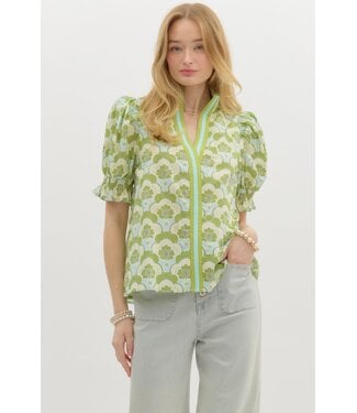 Emily Abstract Print Smocked Cuff Band Short Sleeve Pullover Top