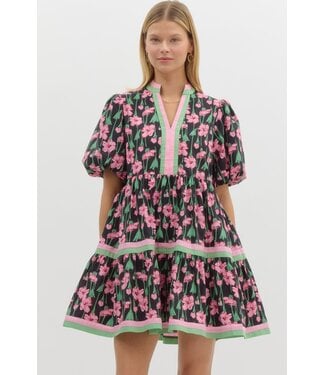 Chloe Floral Print Short Bubble Sleeve Pullover Tiered Mini Dress