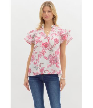 Ella Floral Print Ruffle Short Sleeve Pullover Top