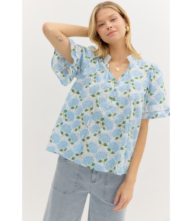Avery Floral Print Contrasted Ruffle Accent Inset Short Sleeve Pullover Top