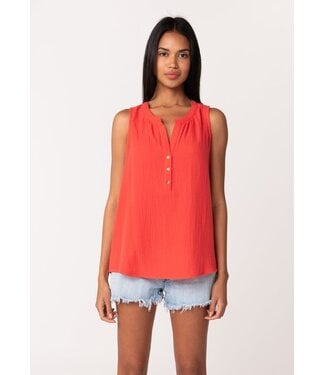 Leah Cotton Sleeveless Split V Neck Button Front Top