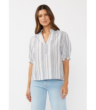Sophie Yarn-Dyed Striped Puff Sleeve Split Neck Top