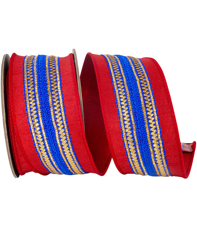 2.5 Inch Regal Stripe Red Trimming Dupioni Deluxe Wired Edge Ribbon - Red/Blue
