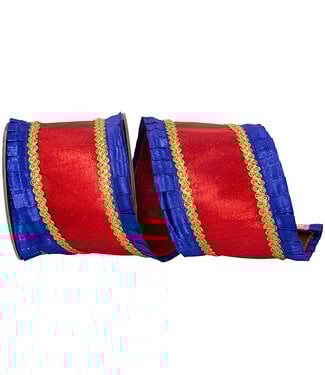 4 Inch Metallic Pleated Overlay Deluxe Metallic Dupioni Backed Wired Edge Ribbon - Royal/Red