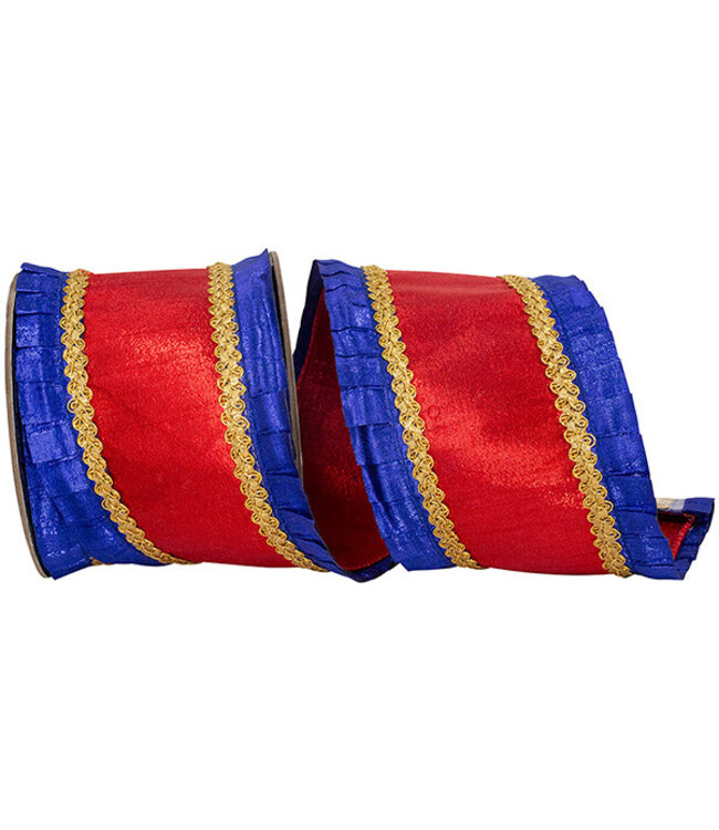 4 Inch Metallic Pleated Overlay Deluxe Metallic Dupioni Backed Wired Edge Ribbon - Royal/Red