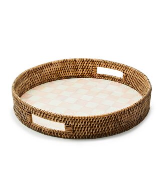 MACKENZIE CHILDS Rosy Check Enamel & Rattan Round Serving Tray