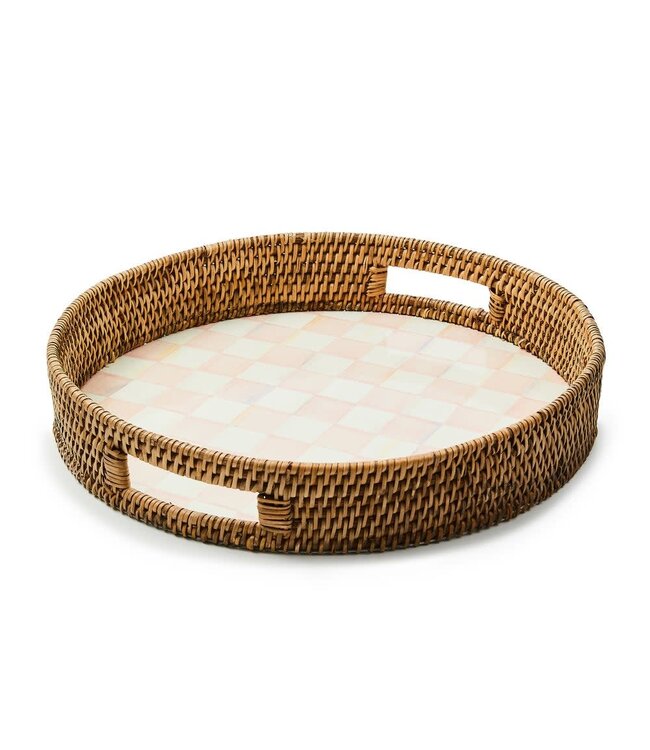 MACKENZIE CHILDS Rosy Check Enamel & Rattan Round Serving Tray