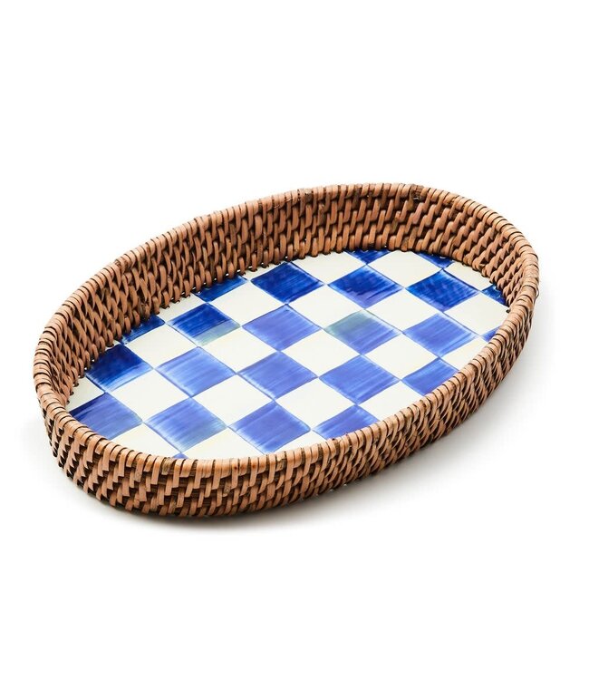 MACKENZIE CHILDS Royal Check Small Enamel & Rattan Serving Tray