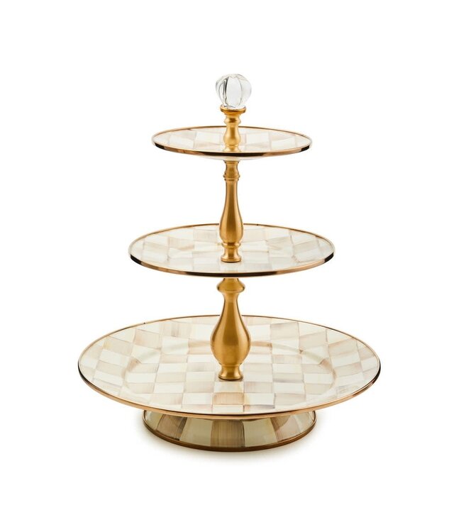 MACKENZIE CHILDS Mocha Check Three Tier Sweet Stand