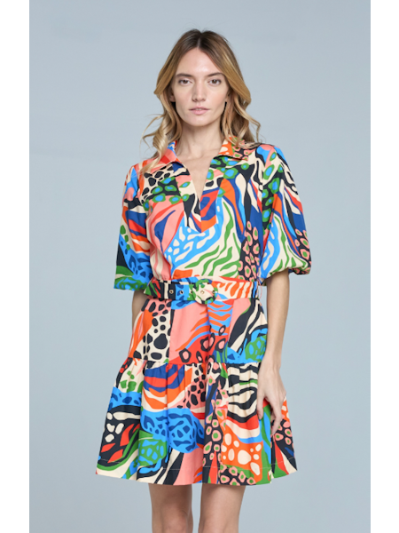 Azula Printed Bubble Sleeve Mini Dress - Amber Marie and Company