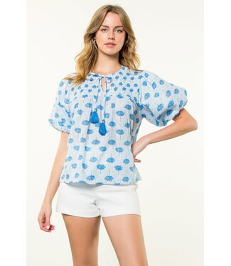 Avery Smocked Puff Sleeve Tassel Floral Top