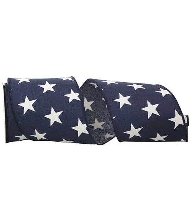 Ribbon - Stars 3 Wired Edge, Navy, 4 Inch, 10 Yards