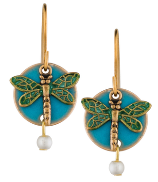 SILVER FOREST Dragonfly on Teal Disc Earrings
