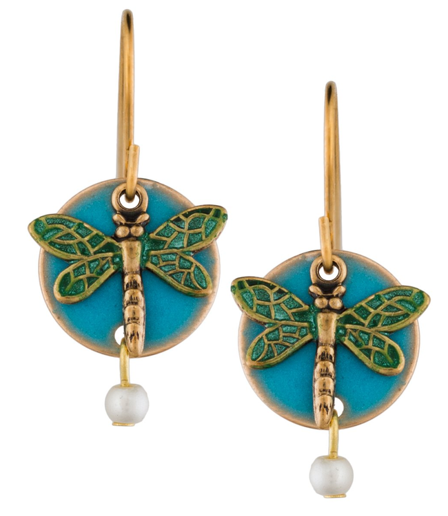 SILVER FOREST Dragonfly on Teal Disc Earrings