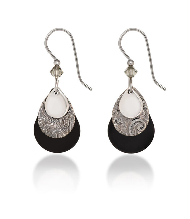 SILVER FOREST Triple‑Layered Black & Silver Teardrop Earrings