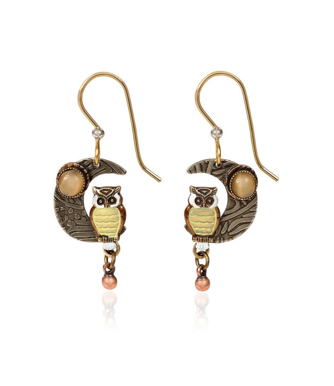 SILVER FOREST Owl on Crescent Moon Earrings