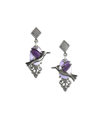 SILVER FOREST Hummingbird on Purple Filigree Oval  Earrings