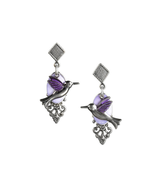 SILVER FOREST Hummingbird on Purple Filigree Oval  Earrings