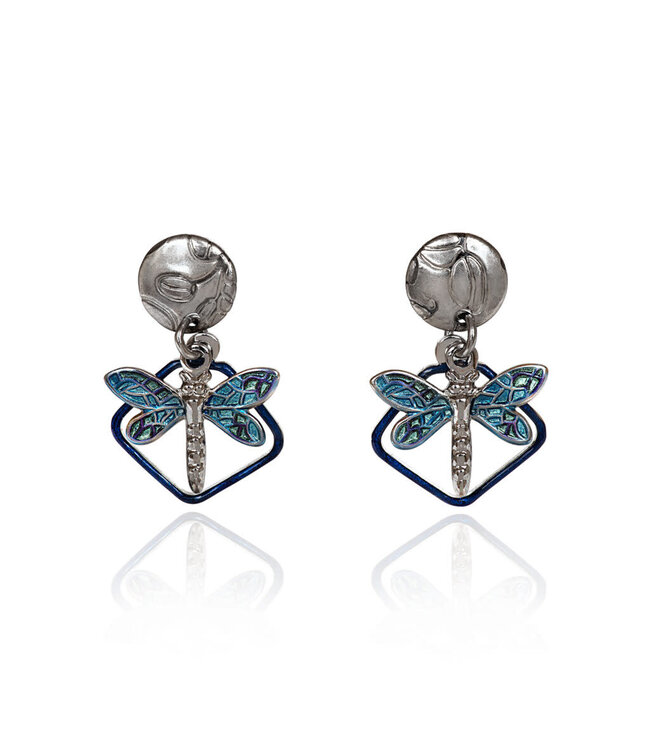 SILVER FOREST Blue Dragonfly on Open Diamond Earrings