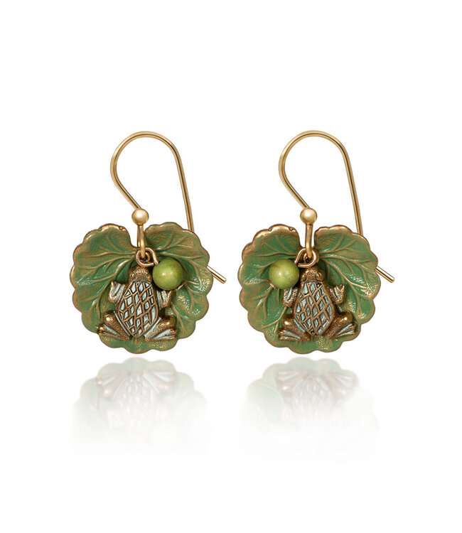 SILVER FOREST Frog on Leaf wtih Bead Drop Earrings