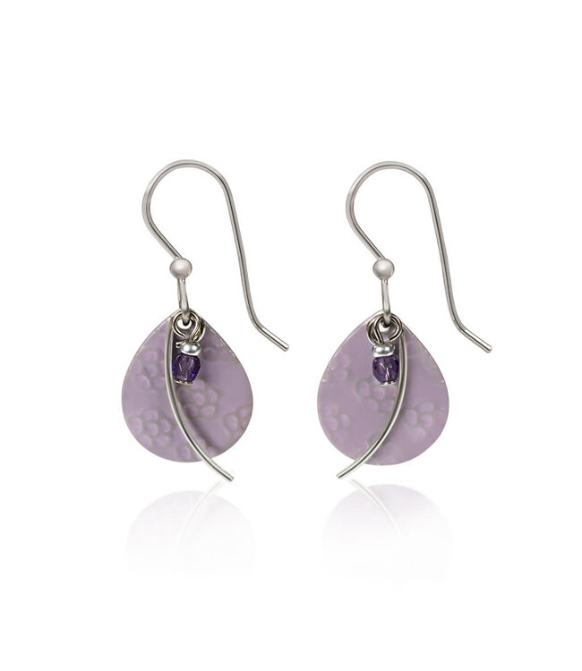 SILVER FOREST Flower-Textured Tear with Wisp & Amethyst Drop Earrings