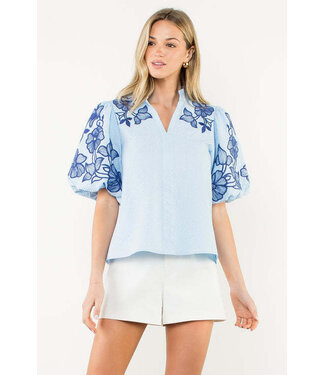 Eliana Embroidered Puff Sleeve Textured Top
