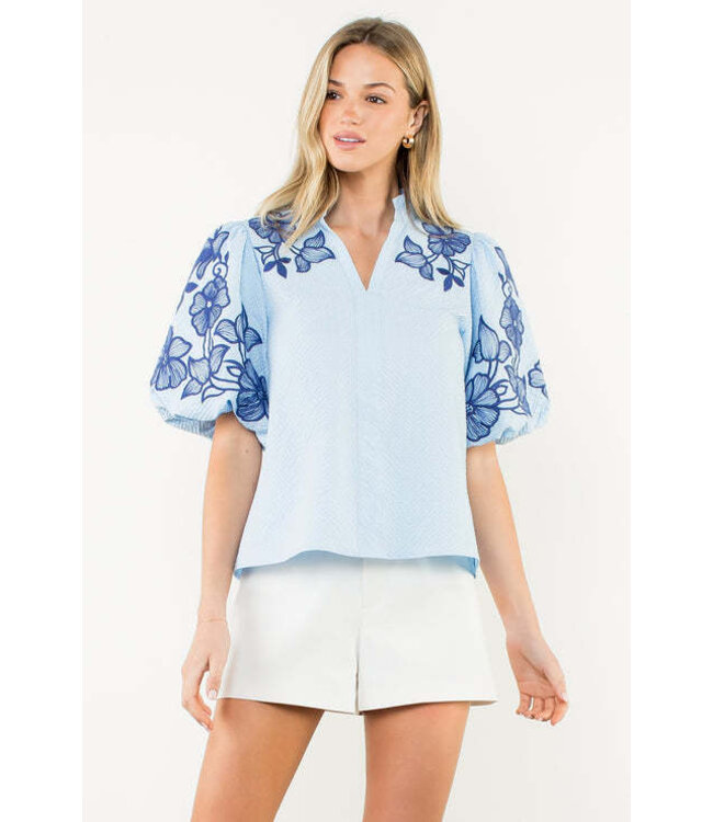 Eliana Embroidered Puff Sleeve Textured Top