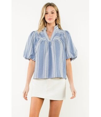 Gwen Embroidered V-neck Puff Gingham Top