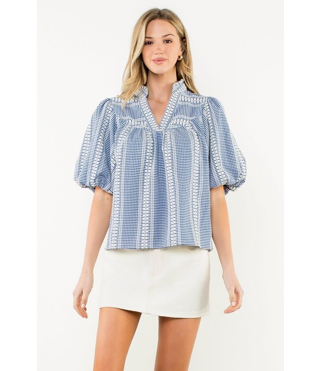 Gwen Embroidered V-neck Puff Gingham Top