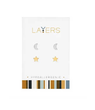Silver Moon and Gold Star Duo Pair Stud Layers Earrings