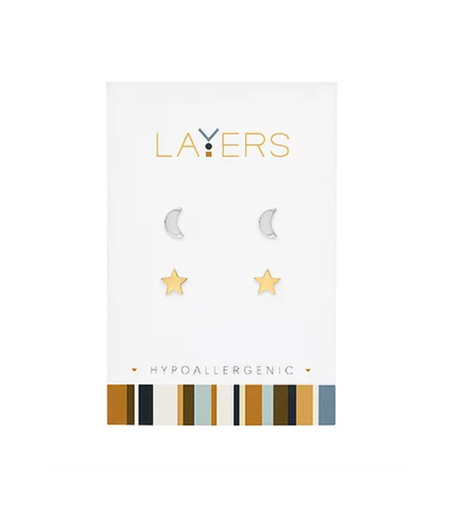 Silver Moon and Gold Star Duo Pair Stud Layers Earrings